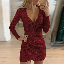 Load image into Gallery viewer, Hot Sexy Dress Silver Glitter Dresses for Women Deep V-Neck Sequin Mini Bodycon Dress Autumn Winter Long Sleeve Party Dress LL02