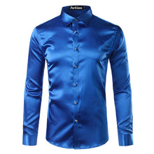 Load image into Gallery viewer, Silk Shirt Men 2017 Satin Smooth Men Solid Tuxedo Shirt Business Chemise Homme Casual Slim Fit Shiny Gold Wedding Dress Shirts