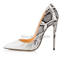 Load image into Gallery viewer, ALMUDENA White Black Snakeskin Leopard Patchwork Pointed Toe Pumps Stiletto Heel Mixed Color Wedding Shoes Party Shoes 12cm Heel