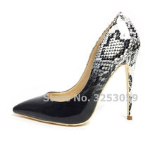 Load image into Gallery viewer, ALMUDENA White Black Snakeskin Leopard Patchwork Pointed Toe Pumps Stiletto Heel Mixed Color Wedding Shoes Party Shoes 12cm Heel