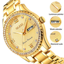 Load image into Gallery viewer, Genuine OLEVS Mens Gold Watches Luxury Quartz Diamond Watch Auto Calendar Display Men Full Steel Wrist Watch relogio masculino