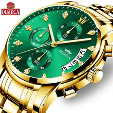 Load image into Gallery viewer, OLMECA Gold Stainless steel Strap Quartz Watch Chronograph Waterproof Watches Wrist Watches Men Classic Green Diamond Dial Clock
