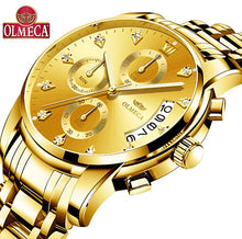 Load image into Gallery viewer, OLMECA Gold Stainless steel Strap Quartz Watch Chronograph Waterproof Watches Wrist Watches Men Classic Green Diamond Dial Clock
