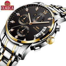 Load image into Gallery viewer, OLMECA Gold Stainless steel Strap Quartz Watch Chronograph Waterproof Watches Wrist Watches Men Classic Green Diamond Dial Clock
