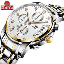Load image into Gallery viewer, OLMECA Gold Stainless steel Strap Quartz Watch Chronograph Waterproof Watches Wrist Watches Men Classic Green Diamond Dial Clock
