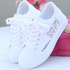 2019 New Arrival Fashion Lace-up Women Sneakers Women Casual Shoes Printed Women Pu Shoes Cute Cat Canvas Shoes