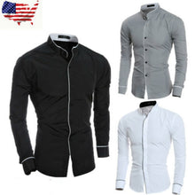 Load image into Gallery viewer, US Men's Luxury Dress Cotton blend Shirts Stand Collar Business Formal Tops Personality Trimming  Slim Fit
