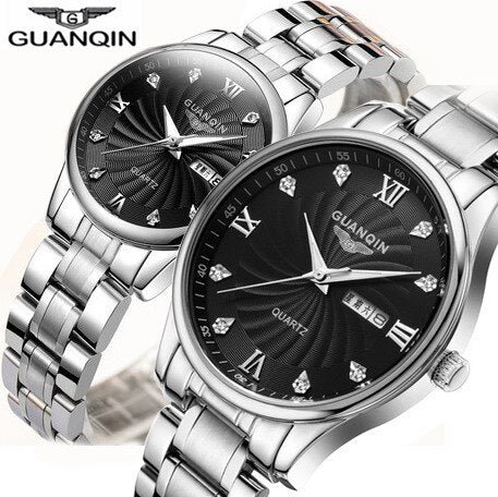 GUANQIN Couple Lovers Watch Set Luxury Diamond 2019 Men Women Wrist Watch Stainless Steel Quartz Watch Women Clock Ladies Watch