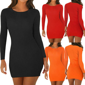 Long Sleeve Slim Knitted Scoop Neck Stretch Dress Cotton Bodycon Short Mini Pencil Dress 2019 New Fashion Solid Women Clothing