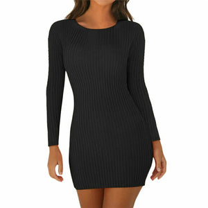 Long Sleeve Slim Knitted Scoop Neck Stretch Dress Cotton Bodycon Short Mini Pencil Dress 2019 New Fashion Solid Women Clothing