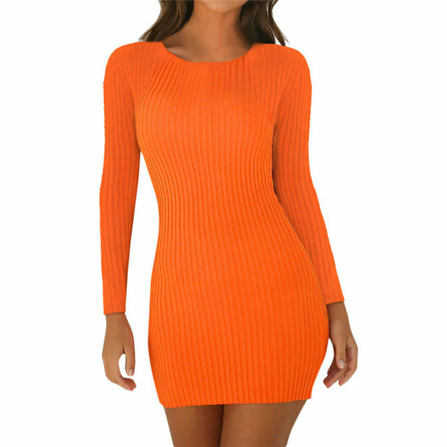 Long Sleeve Slim Knitted Scoop Neck Stretch Dress Cotton Bodycon Short Mini Pencil Dress 2019 New Fashion Solid Women Clothing