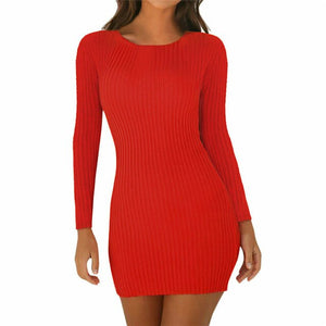 Long Sleeve Slim Knitted Scoop Neck Stretch Dress Cotton Bodycon Short Mini Pencil Dress 2019 New Fashion Solid Women Clothing