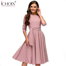 Load image into Gallery viewer, ICHOIX 2020 Spring summer women casual dresses elegant a line solid dress ladies slim office party dress sashes womens clothing
