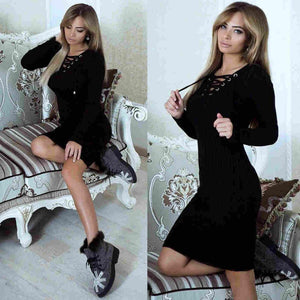 Women Autumn Winter V-Neck Long Sleeve Knit Bodycon Sweater Mini Dress Female Warm Party Dresses Ladies Clothing Femme Vestdiaos