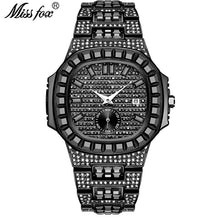 Load image into Gallery viewer, Famous Brand MISSFOX New Chronograph Men Stopwatch Fullly Iced Black Baguette Diamond All Black Steel Calendar Men Wrist Watch
