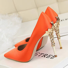 Load image into Gallery viewer, Metal Carved Thin Heel High Heels Pumps Women Shoes 2018 Sexy Pointed Toe Ladies Shoes Fashion Candy Colors Wedding Shoes Woman
