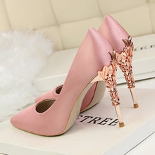 Load image into Gallery viewer, Metal Carved Thin Heel High Heels Pumps Women Shoes 2018 Sexy Pointed Toe Ladies Shoes Fashion Candy Colors Wedding Shoes Woman
