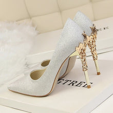 Load image into Gallery viewer, Metal Carved Thin Heel High Heels Pumps Women Shoes 2018 Sexy Pointed Toe Ladies Shoes Fashion Candy Colors Wedding Shoes Woman
