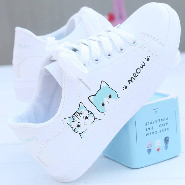 2019 New Arrival Fashion Lace-up Women Sneakers Women Casual Shoes Printed Women Pu Shoes Cute Cat Canvas Shoes