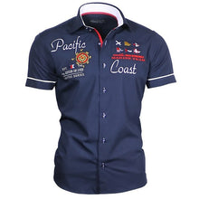 Load image into Gallery viewer, ZOGAA Men&#39;s Casual Shirt Summer Short Sleeve Dress Shirt Cotton Shirt Letter Printed Slim Fit Tops Male Turn-down Collar Blouse
