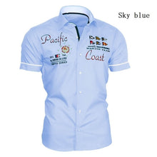 Load image into Gallery viewer, ZOGAA Men&#39;s Casual Shirt Summer Short Sleeve Dress Shirt Cotton Shirt Letter Printed Slim Fit Tops Male Turn-down Collar Blouse
