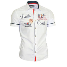 Load image into Gallery viewer, ZOGAA Men&#39;s Casual Shirt Summer Short Sleeve Dress Shirt Cotton Shirt Letter Printed Slim Fit Tops Male Turn-down Collar Blouse
