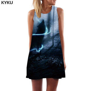 KYKU Wolf Dress Women Forest Office Animal Tank Lightning Beach Black Short Womens Clothing Casual Gothic Large Sizes