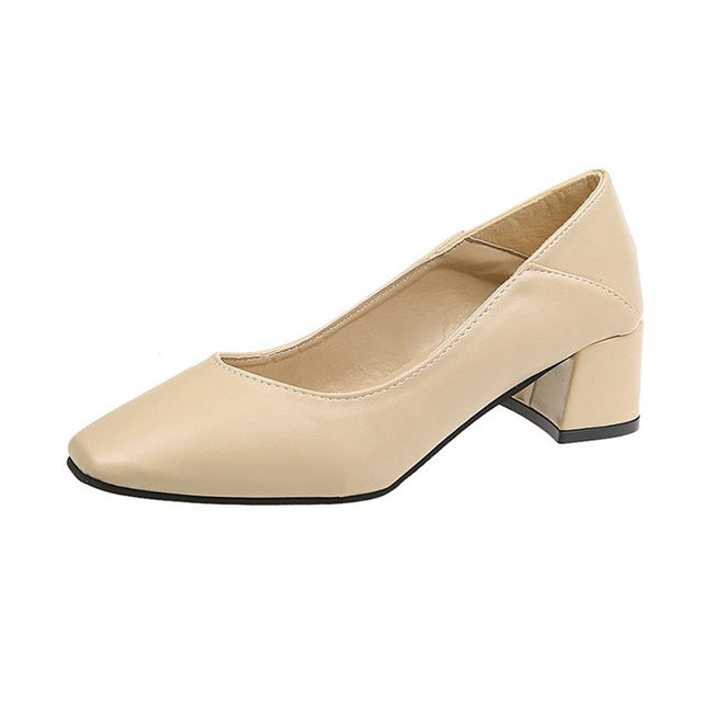 Women Spring Square High Heels Shoe Woman Classic Slip On Casual Ladies Elegant Square Toe Soft PU Fashion Female Pump New