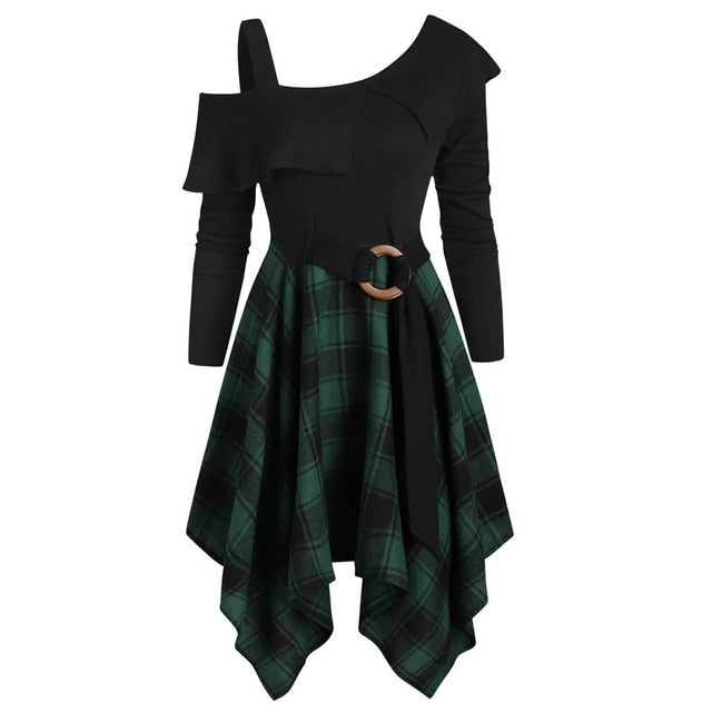 Women's Clothing Irregular Dress Womne Plus Size Plaid Skew Neck Belted Handkerchief Missing Shoulder Lotus Leaf Dress