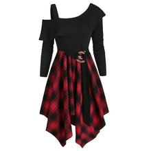 Load image into Gallery viewer, Women&#39;s Clothing Irregular Dress Womne Plus Size Plaid Skew Neck Belted Handkerchief Missing Shoulder Lotus Leaf Dress
