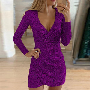 Hot Sexy Dress Silver Glitter Dresses for Women Deep V-Neck Sequin Mini Bodycon Dress Autumn Winter Long Sleeve Party Dress LL02