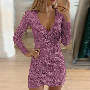 Hot Sexy Dress Silver Glitter Dresses for Women Deep V-Neck Sequin Mini Bodycon Dress Autumn Winter Long Sleeve Party Dress LL02