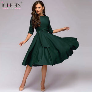 ICHOIX 2020 Spring summer women casual dresses elegant a line solid dress ladies slim office party dress sashes womens clothing