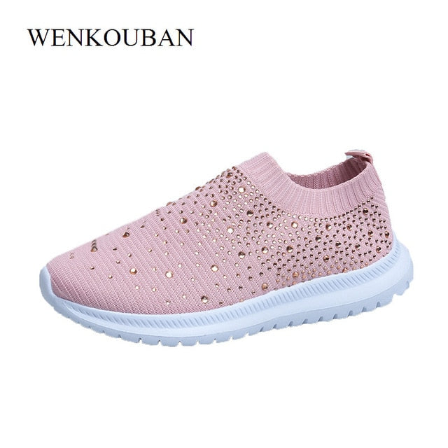 Women Flats Sneakers Crystal Fashion Bling Sneakers Casual Slip On Sock Trainers Winter Women Vulcanize Shoe Zapatillas Mujer