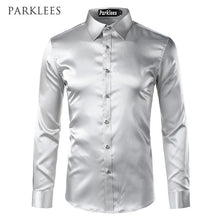 Load image into Gallery viewer, Silk Shirt Men 2017 Satin Smooth Men Solid Tuxedo Shirt Business Chemise Homme Casual Slim Fit Shiny Gold Wedding Dress Shirts
