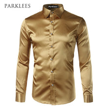 Load image into Gallery viewer, Silk Shirt Men 2017 Satin Smooth Men Solid Tuxedo Shirt Business Chemise Homme Casual Slim Fit Shiny Gold Wedding Dress Shirts
