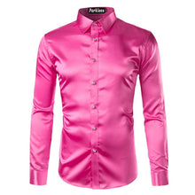 Load image into Gallery viewer, Silk Shirt Men 2017 Satin Smooth Men Solid Tuxedo Shirt Business Chemise Homme Casual Slim Fit Shiny Gold Wedding Dress Shirts
