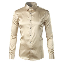 Load image into Gallery viewer, Silk Shirt Men 2017 Satin Smooth Men Solid Tuxedo Shirt Business Chemise Homme Casual Slim Fit Shiny Gold Wedding Dress Shirts
