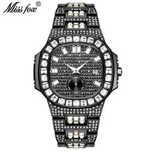 Load image into Gallery viewer, Famous Brand MISSFOX New Chronograph Men Stopwatch Fullly Iced Black Baguette Diamond All Black Steel Calendar Men Wrist Watch
