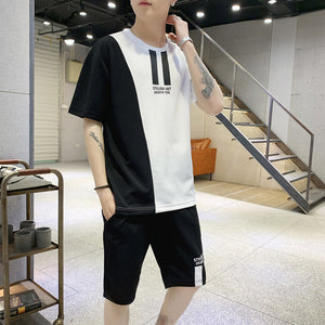 2020 Summer Mens Hooded Set Student Wear New Casual Patchwork Print T-Shirt + Shorts Harajuku 2 PCS Street Fashion Set Tracksuit