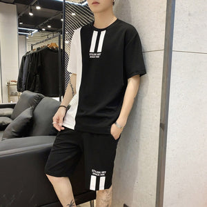 2020 Summer Mens Hooded Set Student Wear New Casual Patchwork Print T-Shirt + Shorts Harajuku 2 PCS Street Fashion Set Tracksuit