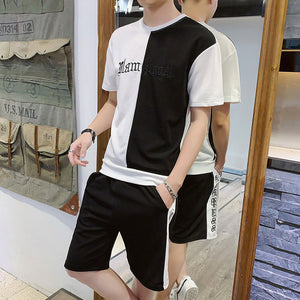 2020 Summer Mens Hooded Set Student Wear New Casual Patchwork Print T-Shirt + Shorts Harajuku 2 PCS Street Fashion Set Tracksuit