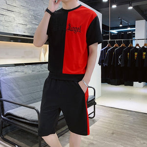 2020 Summer Mens Hooded Set Student Wear New Casual Patchwork Print T-Shirt + Shorts Harajuku 2 PCS Street Fashion Set Tracksuit