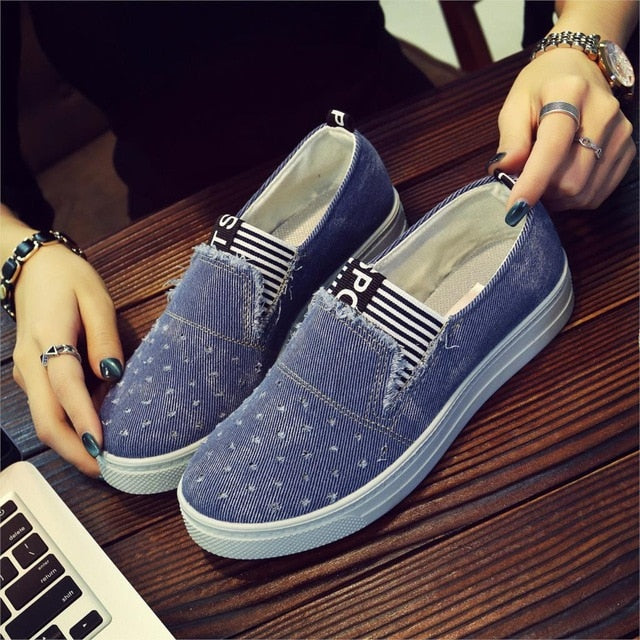 Mulheres sapatos de brim apartamentos moda casual sapatos de brim menina clássico macio plana solas estudantes primavera sapatos de lona senhora nova chegada