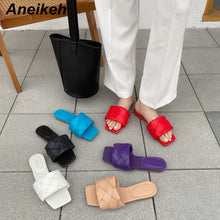 Load image into Gallery viewer, Aneikeh Vintage Square Toe Flat Weaving Sandals Women Open Toe Gingham Slipper Sandals Summer Pu Casual Flats Shoes Zapatos Muje
