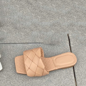 Aneikeh Vintage Square Toe Flat Weaving Sandals Women Open Toe Gingham Slipper Sandals Summer Pu Casual Flats Shoes Zapatos Muje