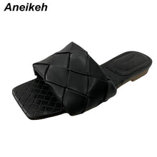 Load image into Gallery viewer, Aneikeh Vintage Square Toe Flat Weaving Sandals Women Open Toe Gingham Slipper Sandals Summer Pu Casual Flats Shoes Zapatos Muje

