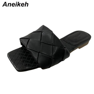 Aneikeh Vintage Square Toe Flat Weaving Sandals Women Open Toe Gingham Slipper Sandals Summer Pu Casual Flats Shoes Zapatos Muje