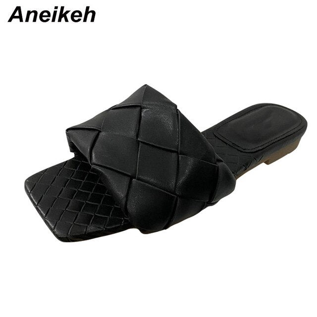 Aneikeh Vintage Square Toe Flat Weaving Sandals Women Open Toe Gingham Slipper Sandals Summer Pu Casual Flats Shoes Zapatos Muje