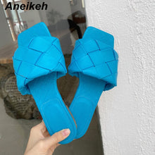 Load image into Gallery viewer, Aneikeh Vintage Square Toe Flat Weaving Sandals Women Open Toe Gingham Slipper Sandals Summer Pu Casual Flats Shoes Zapatos Muje
